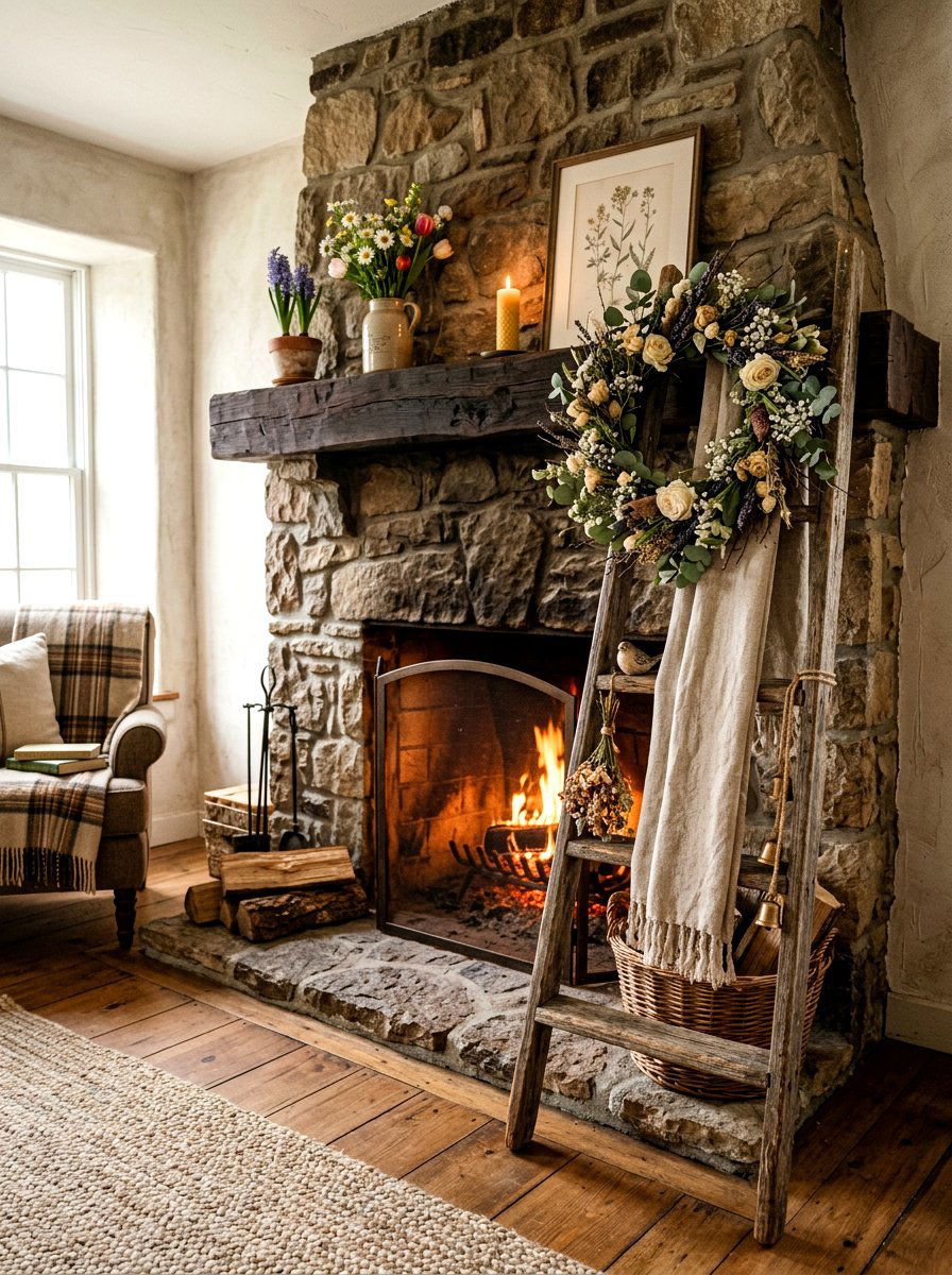 Old Ladder Spring Decor - 25 Spring Rustic Mantel Ideas