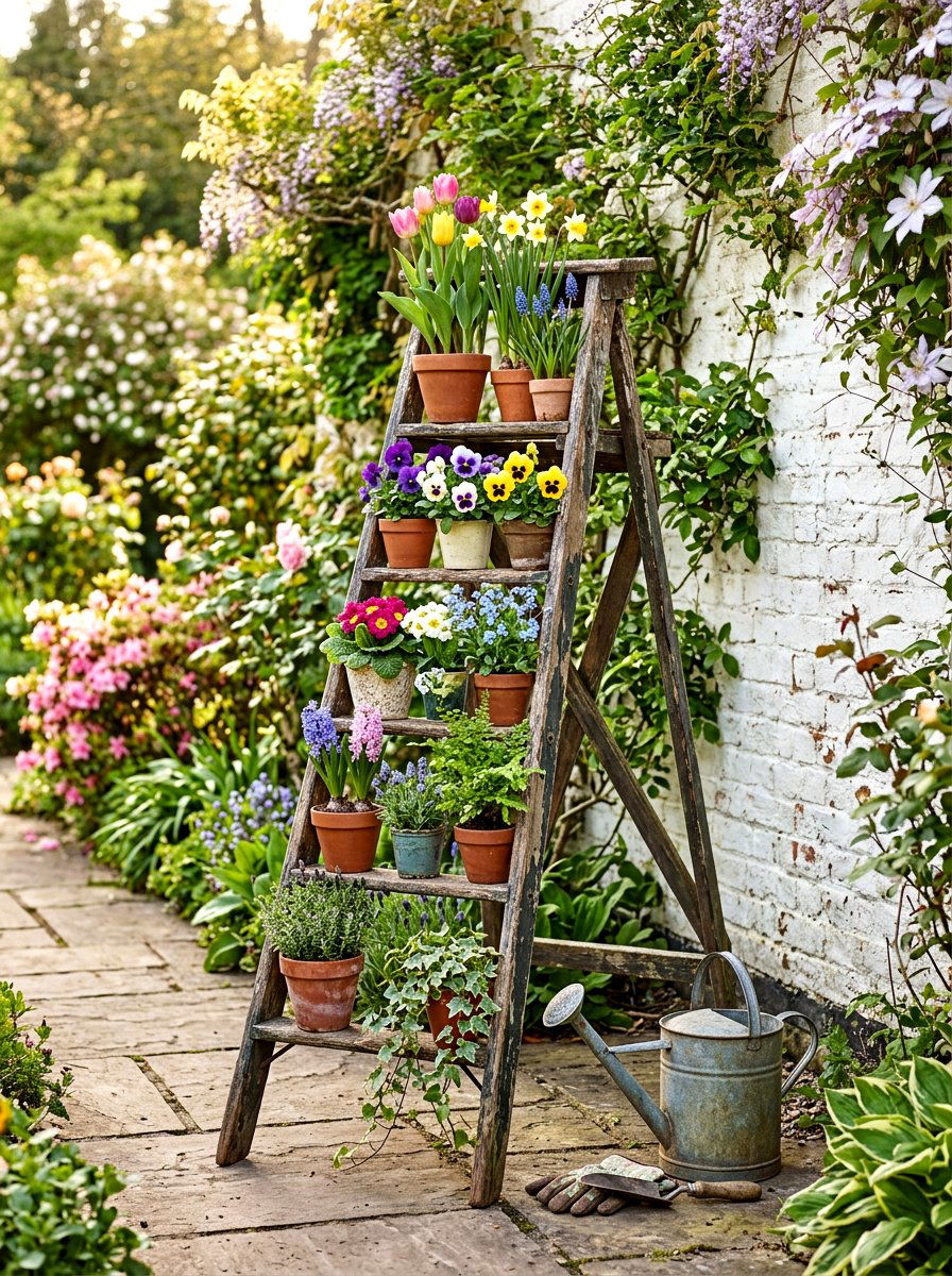 Old Wooden Step Ladder - 25 Spring Vintage Planter Ideas