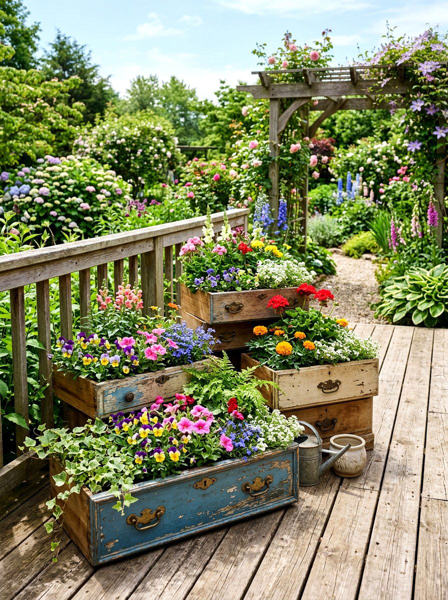 Old furniture drawer planter - 25 Spring Recycled Decor Ideas