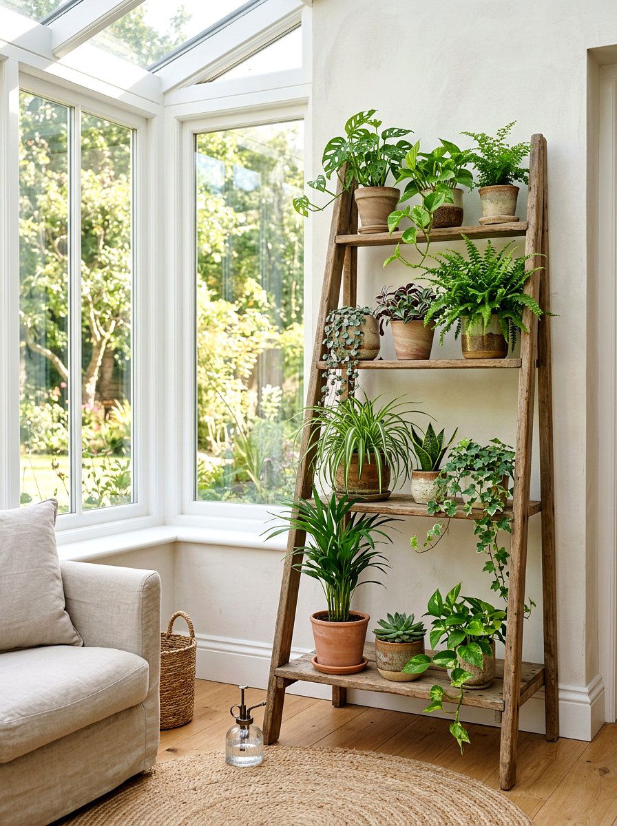 Old wooden ladder plant stand - 25 Spring Recycled Decor Ideas