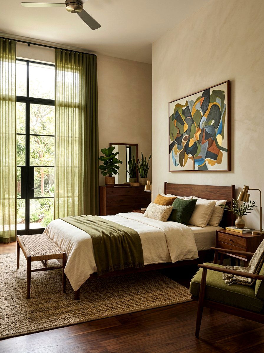 Olive Green Sheer Panels - 25 Spring Bedroom Curtain Ideas
