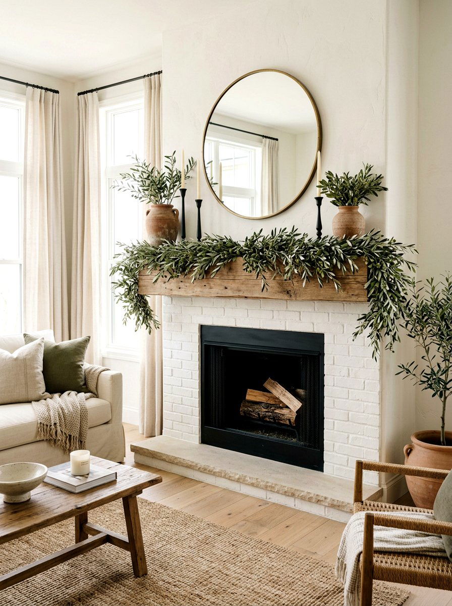 Olive Leaf Mantel - 25 Spring Garland Ideas for Mantel