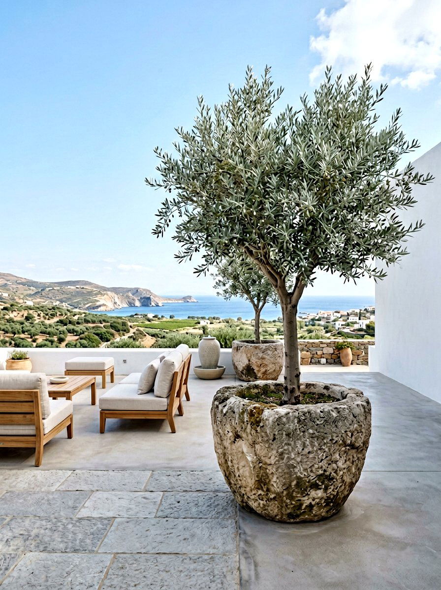 Olive Tree Stone Pots - 25 Spring Patio Planter Arrangement Ideas