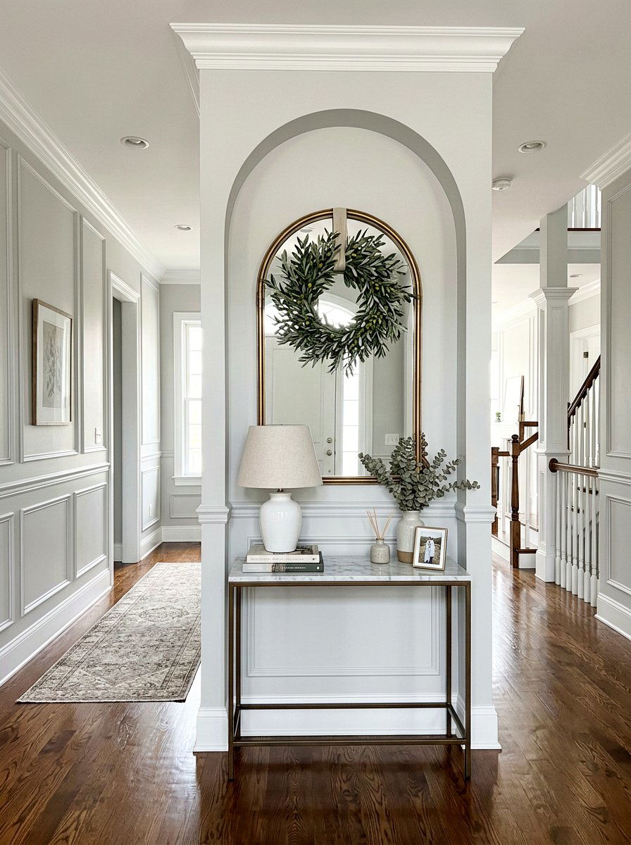 Olive branch wreath on arched mirror - 25 Spring Wreath on Mirror Ideas