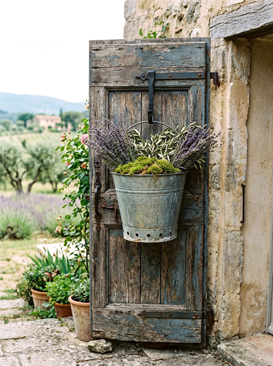 Olive bucket door decor - 25 Spring Flower Bucket Door Ideas