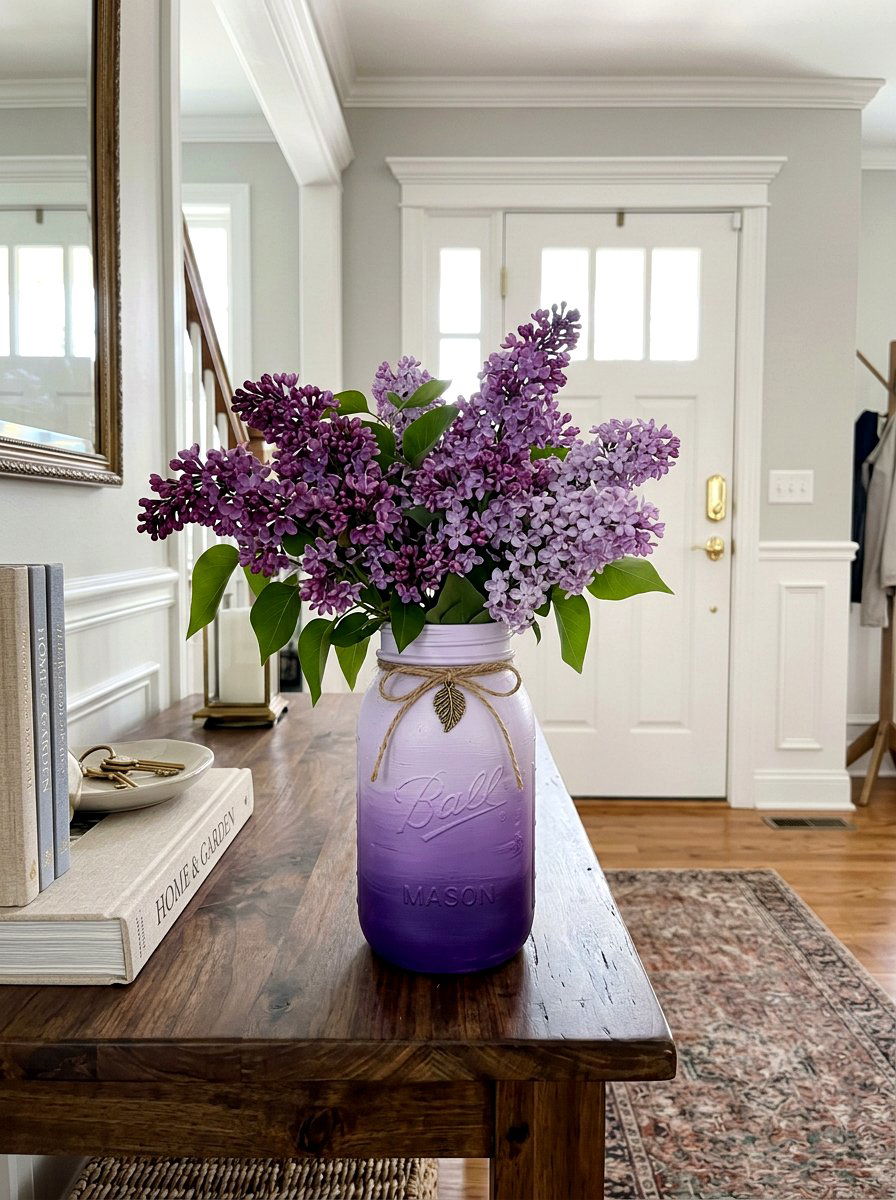 Ombre Painted Mason Jar With Lilacs - 25 Spring Mason Jar Flower Ideas