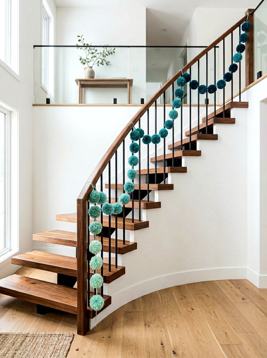 Ombre Pom Pom Garland Staircase - 25 Spring Pom Pom Garland Ideas