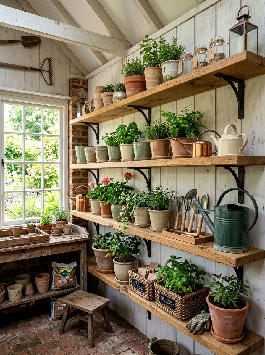 Open Shelving System - 25 Spring Potting Shed Decor Ideas
