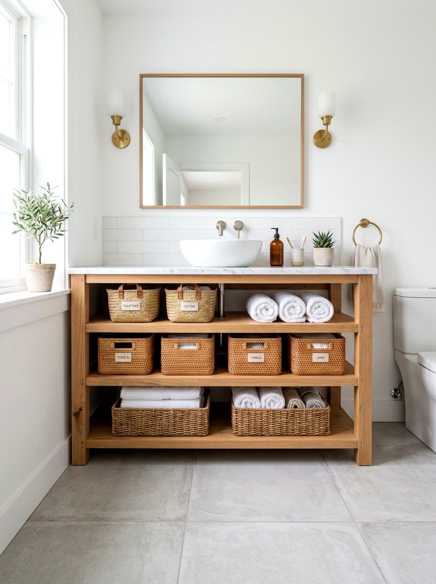 Open Vanity Storage - 25 Spring Bathroom Refresh Ideas