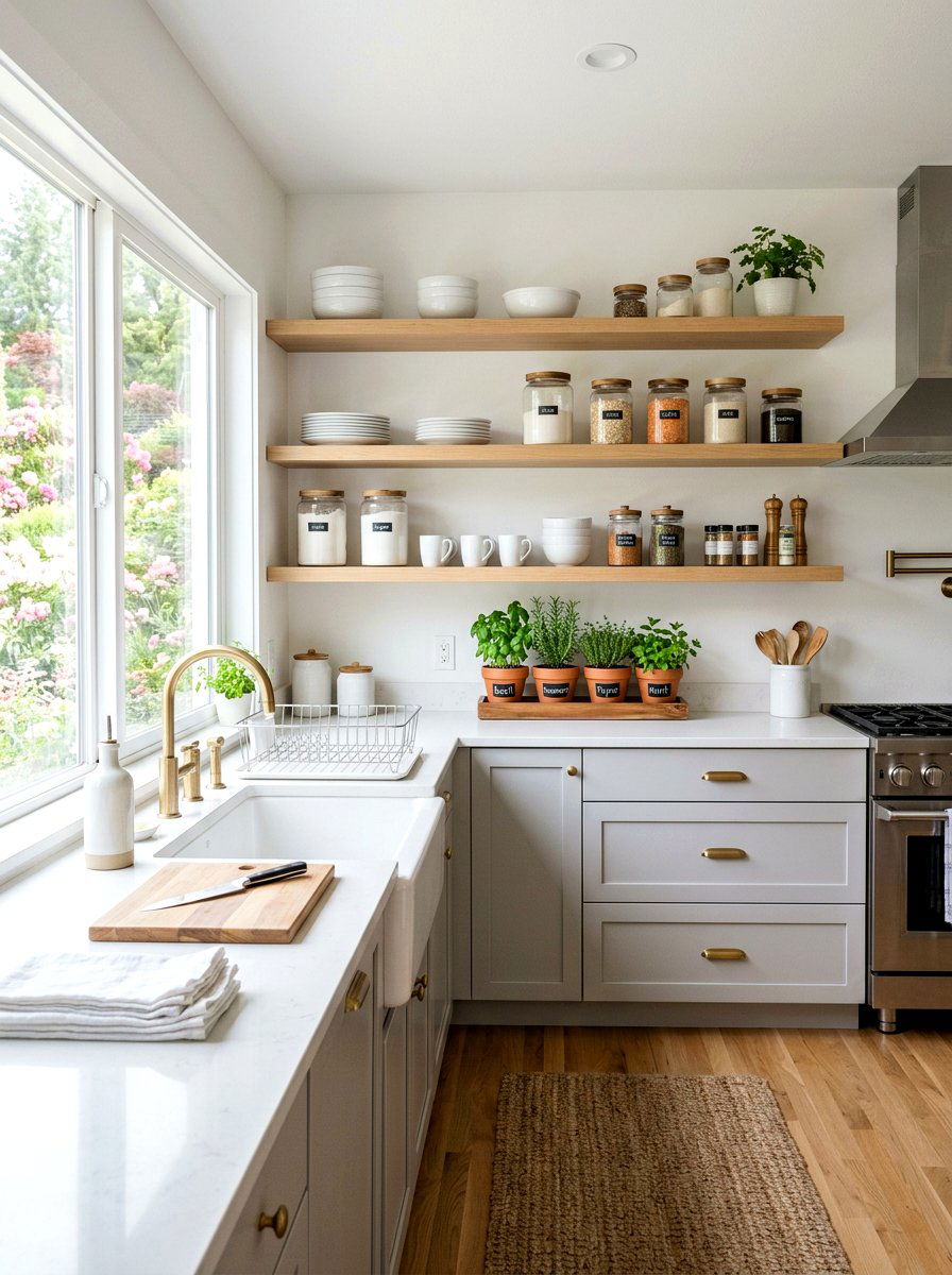 Open shelving kitchen spring organization - 25 Spring Japandi Decor Ideas