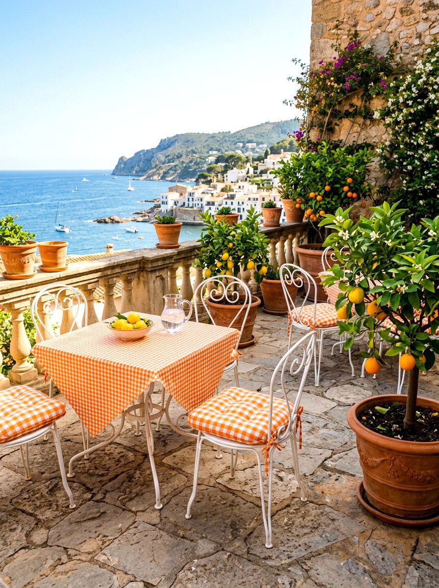 Orange gingham sunlit terrace - 25 Spring Gingham Decor Ideas