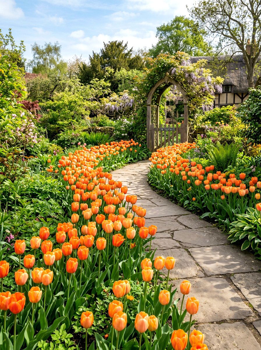 Orange tulip garden path - 25 Spring Tulip Garden Ideas