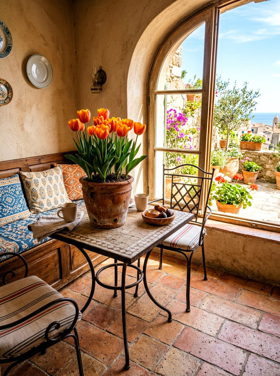 Orange tulips in rustic terracotta pot - 25 Spring Tulip Bulb Vase Ideas