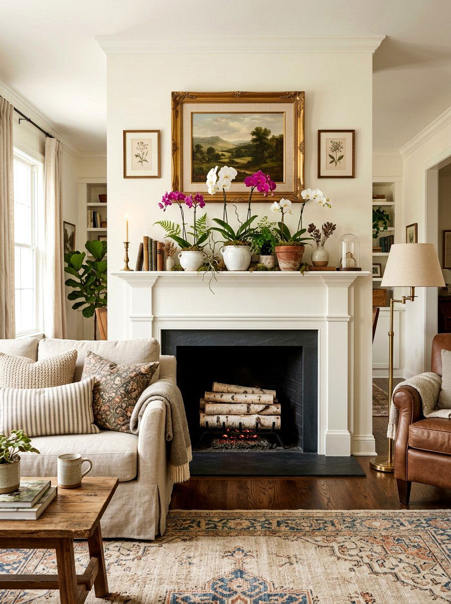 Orchid Fireplace Mantel Decor - 25 Spring Orchid Display Ideas