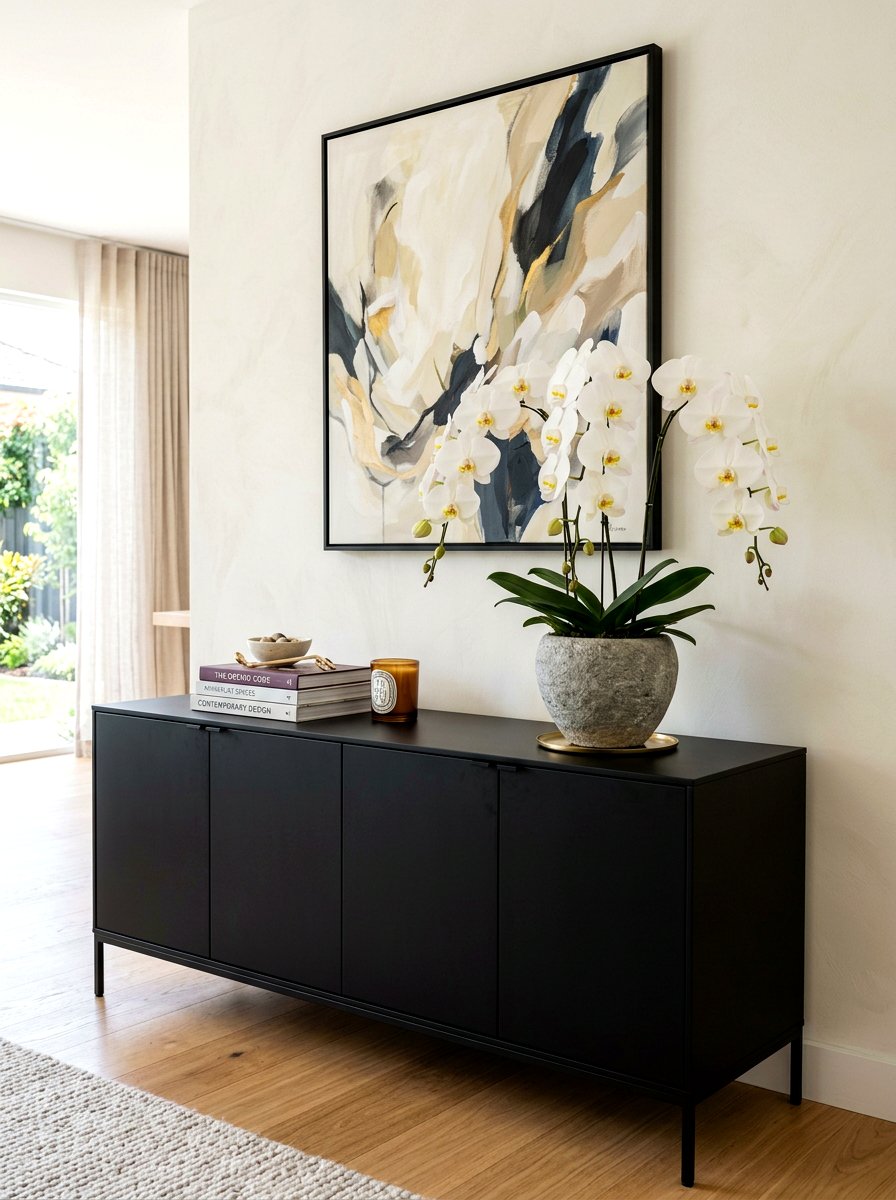 Orchid Modern Sideboard Setup - 25 Spring Floral Centerpiece Ideas