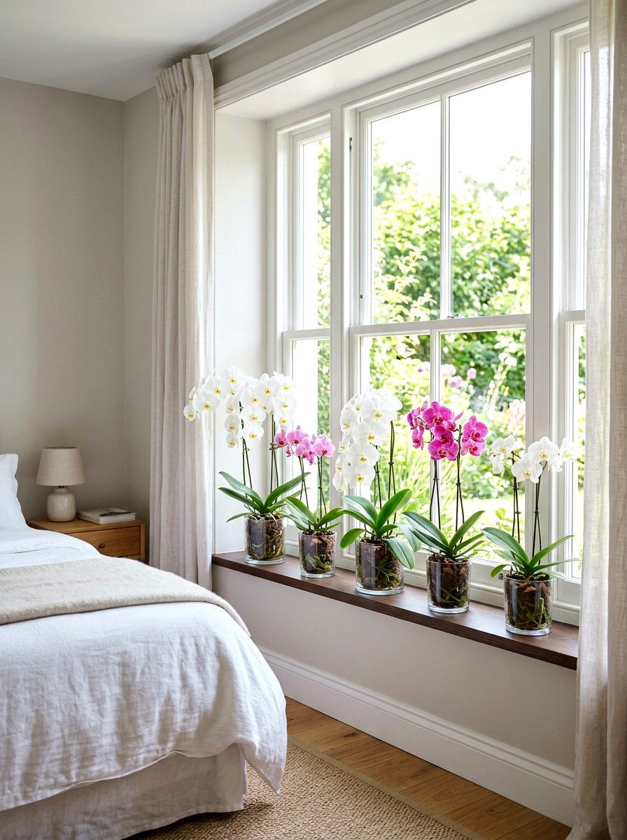 Orchid Window Sill Display - 25 Spring Bedroom Plant Ideas