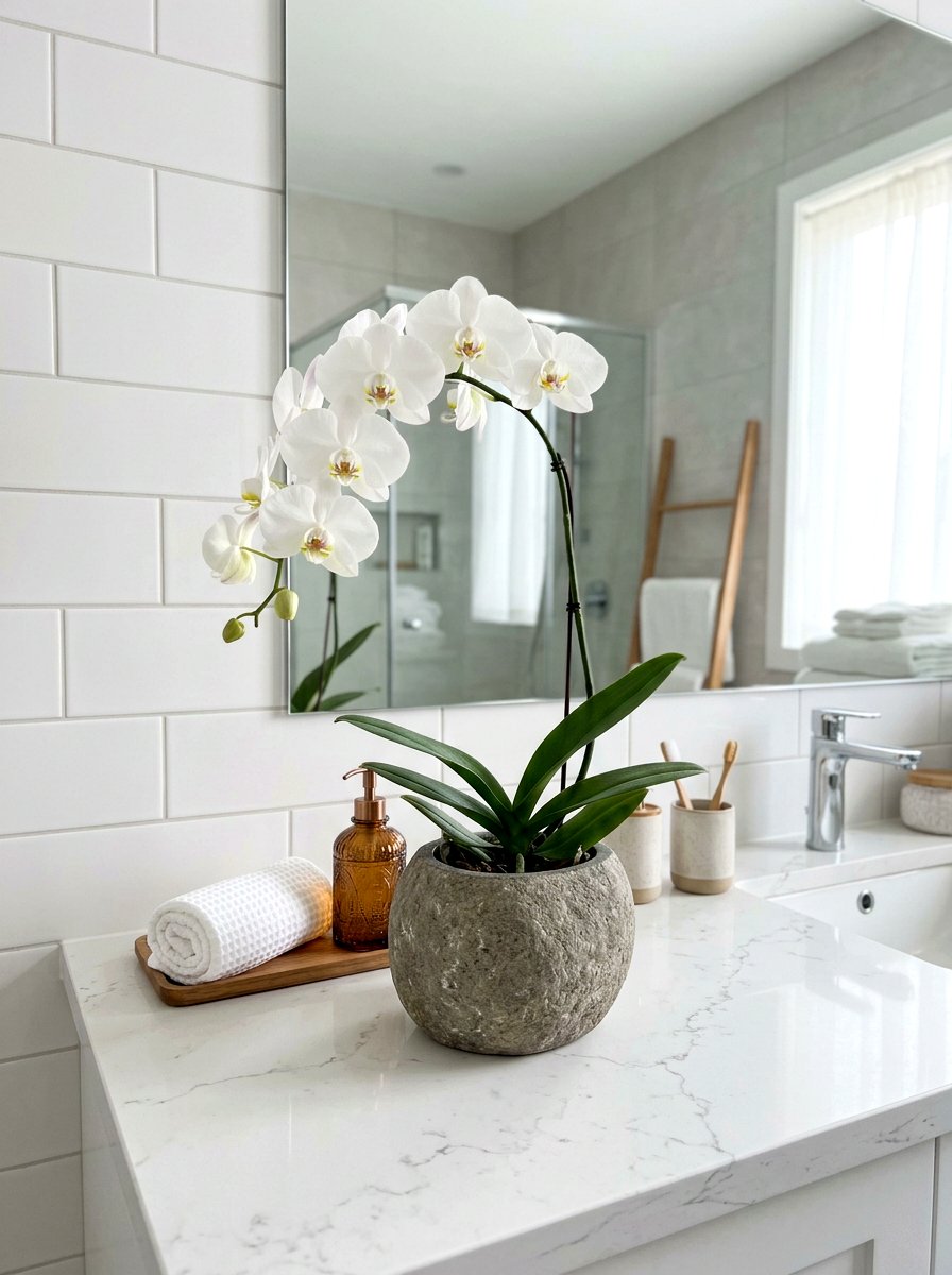 Orchid bathroom accent - 25 Spring Faux Flower Arrangement Ideas