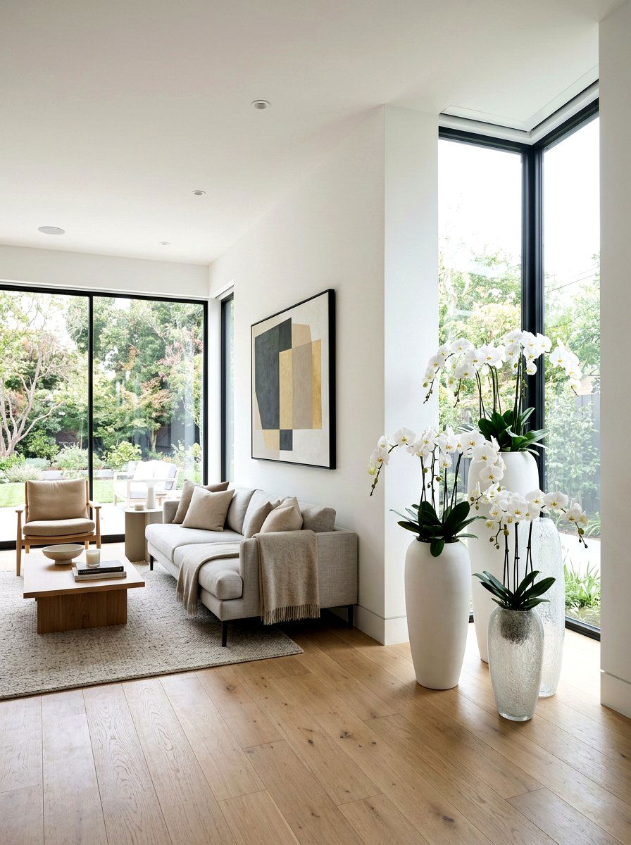 Orchids In Tall Floor Vases - 25 Spring Orchid Display Ideas