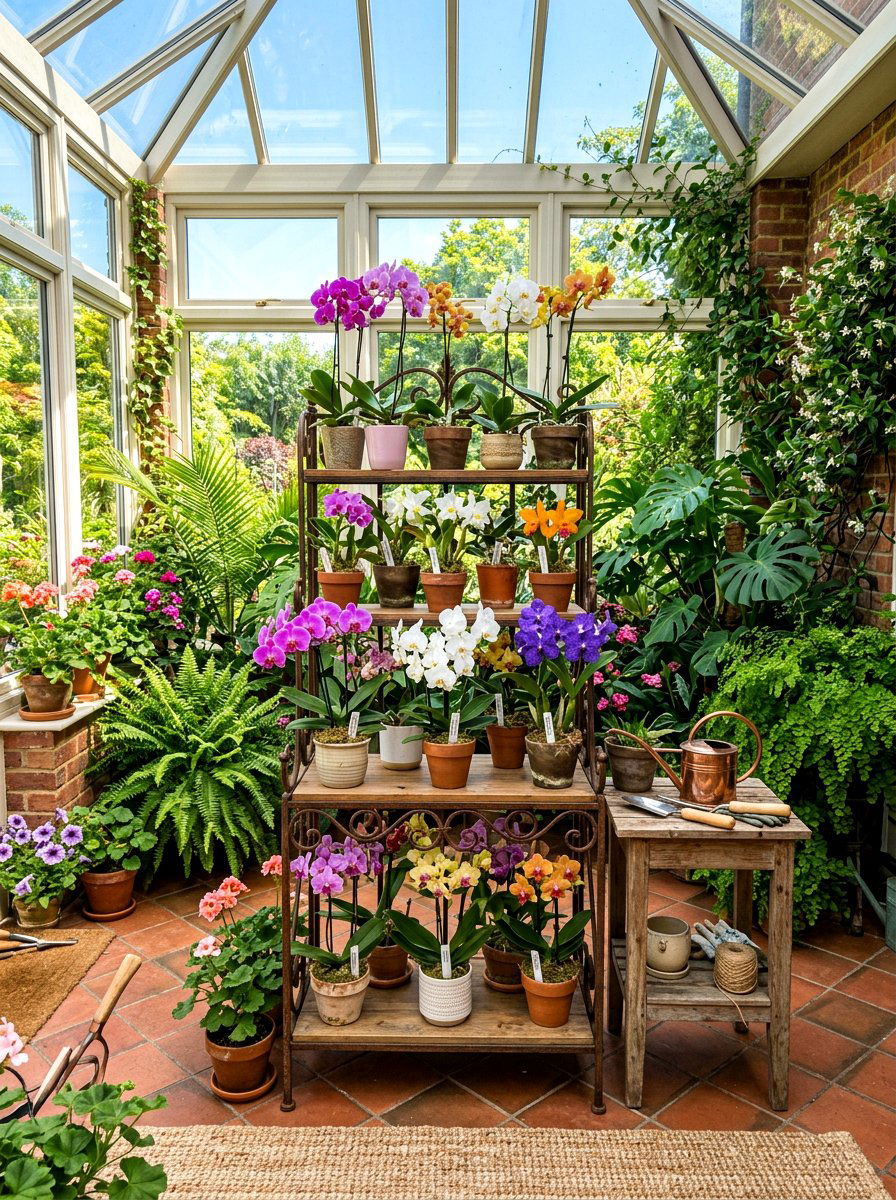 Orchids On Tiered Plant Stand - 25 Spring Orchid Display Ideas