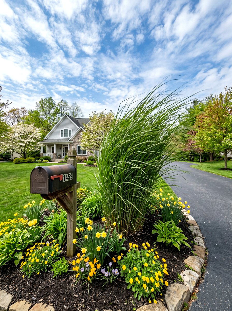 Ornamental Grass Accent - 25 Spring Mailbox Garden Ideas