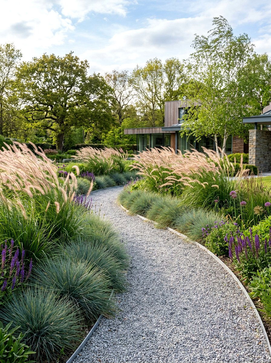 Ornamental grass path border - 25 Spring Garden Path Decor Ideas