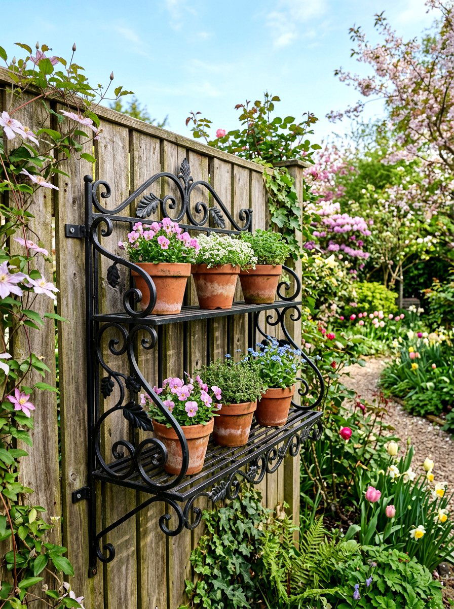 Ornate Iron Plant Shelf - 25 Spring Flower Stand Ideas