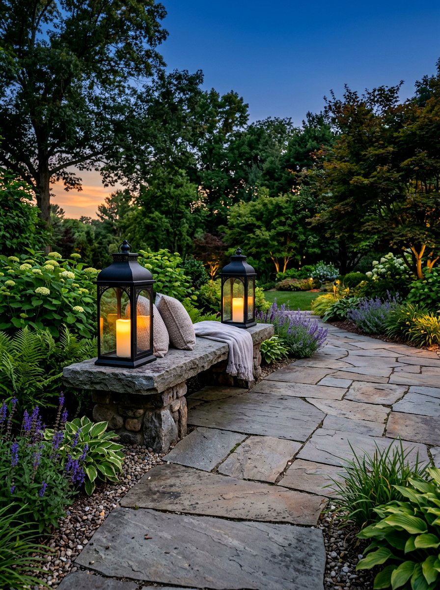 Outdoor Lanterns For Bench - 25 Spring Garden Bench Decor Ideas
