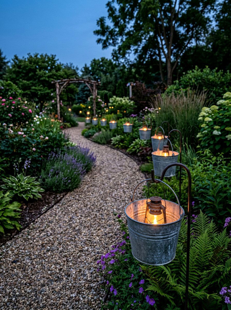 Outdoor Path Lighting Bucket - 25 Spring Galvanized Bucket Decor Ideas