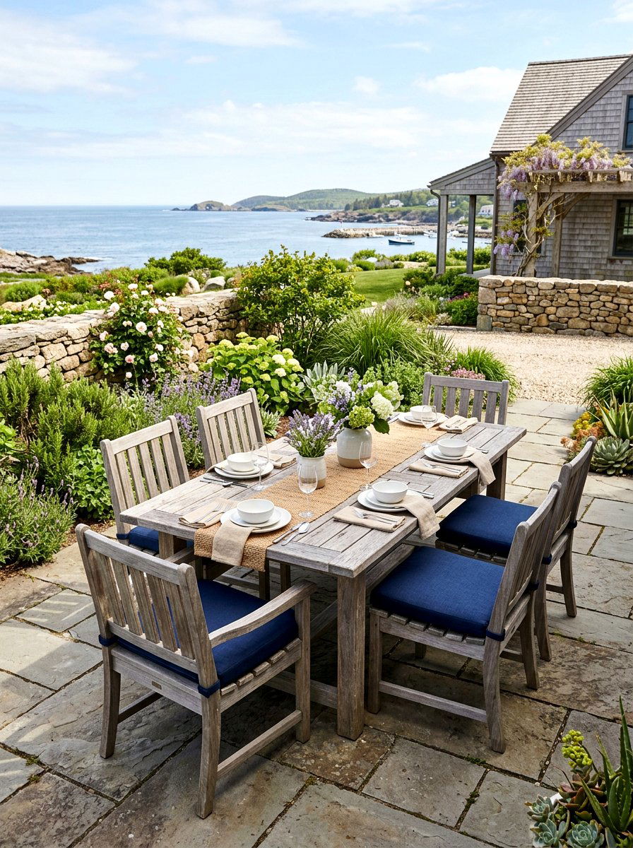 Outdoor Patio With Weathered Wood Furniture - 25 Spring Beach House Decor Ideas