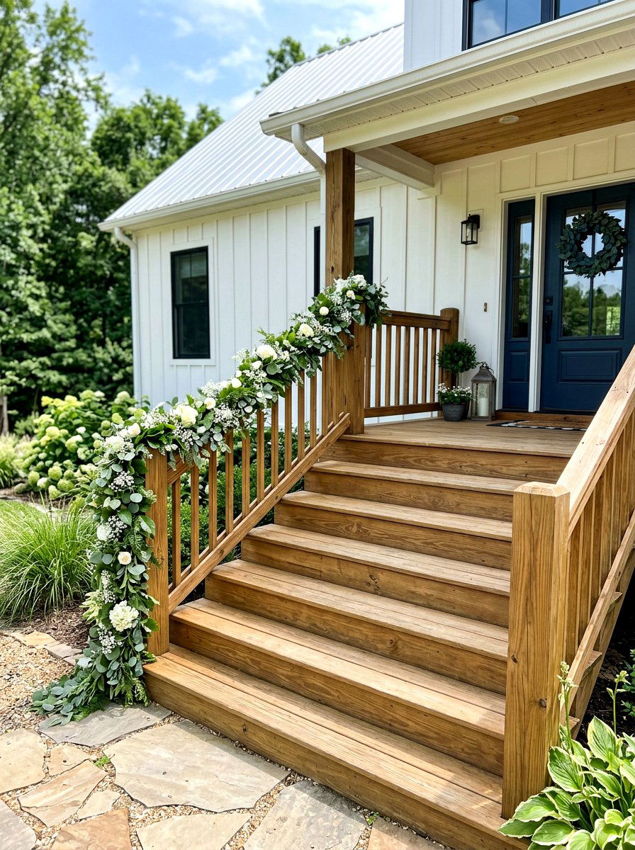 Outdoor Staircase Floral Garland - 25 Spring Outdoor Staircase Decor Ideas