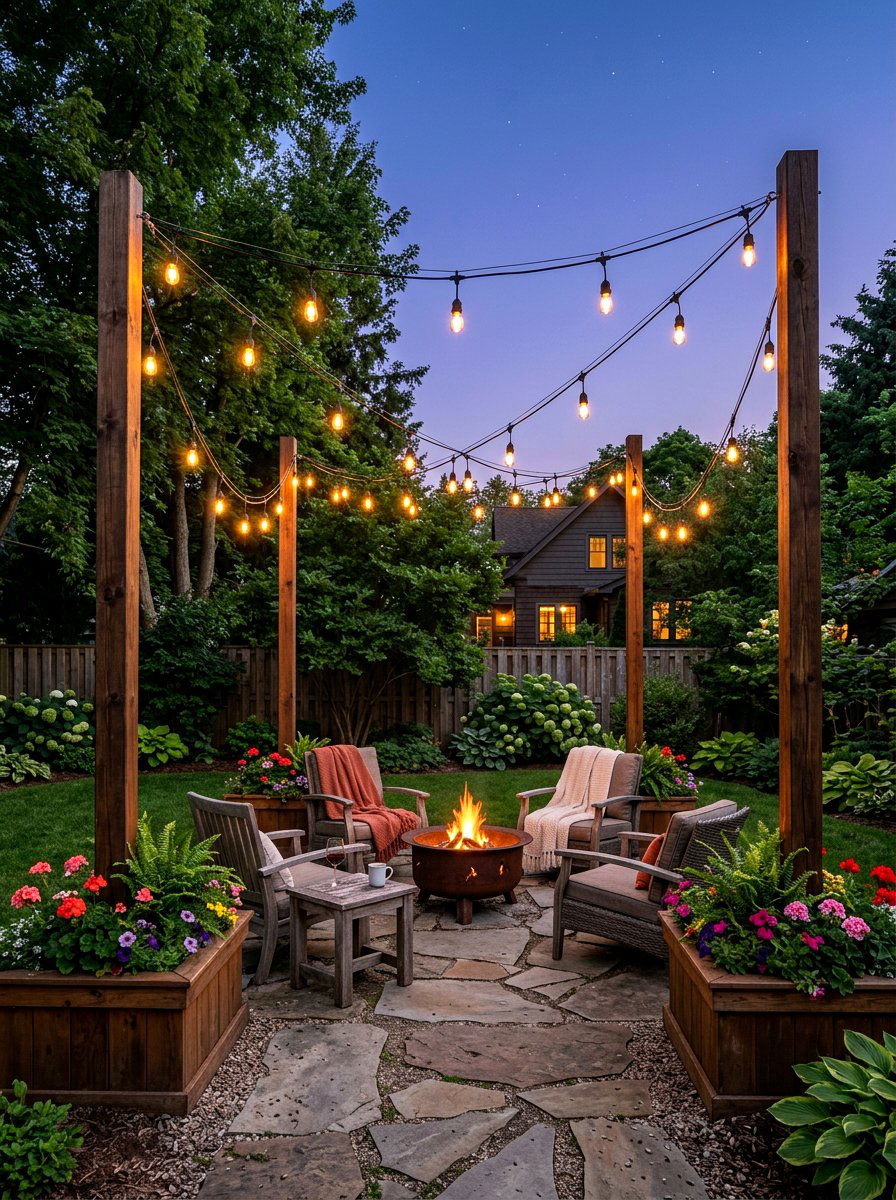 Outdoor String Lights On Poles - 25 Spring Fire Pit Area Decor Ideas