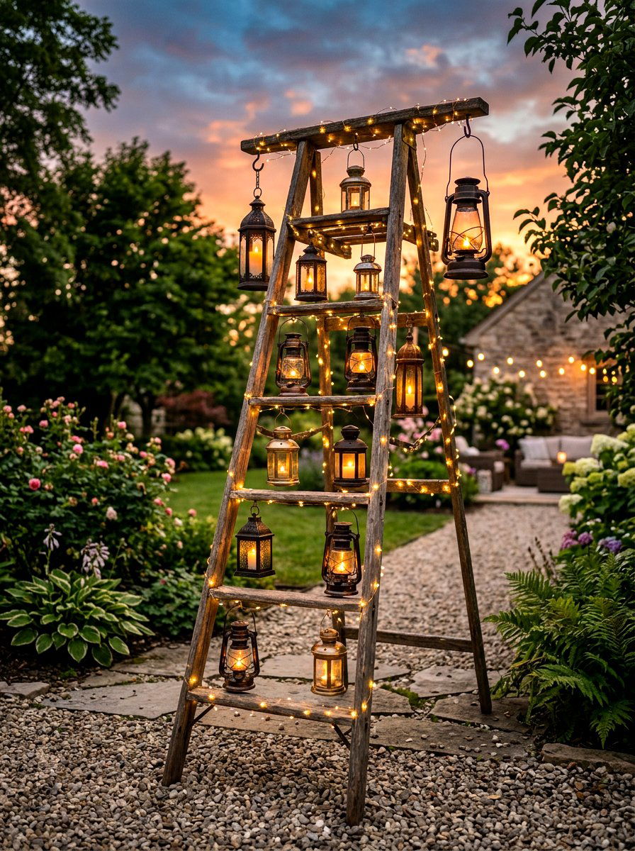 Outdoor ladder lantern hanger - 25 Spring Outdoor Ladder Decor Ideas