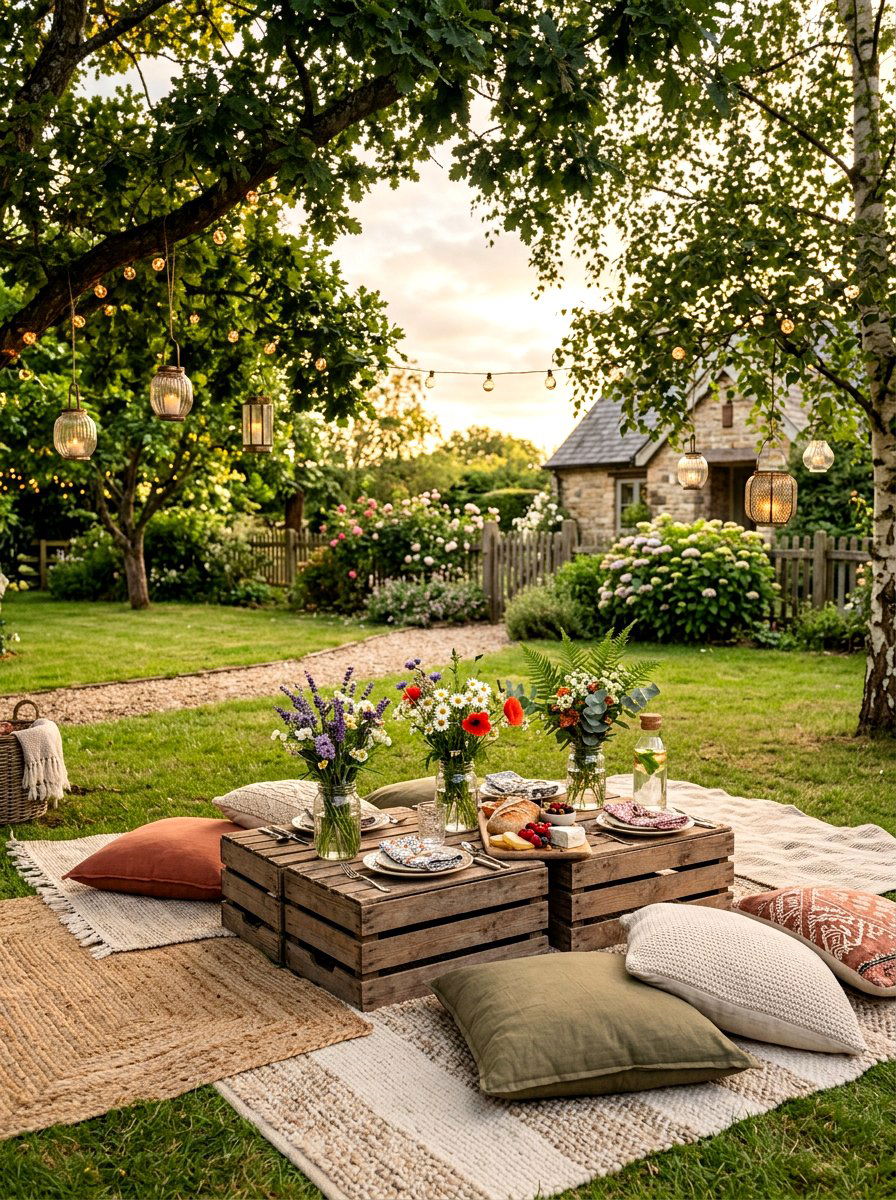 Outdoor picnic blanket area - 25 Spring First Birthday Decor Ideas