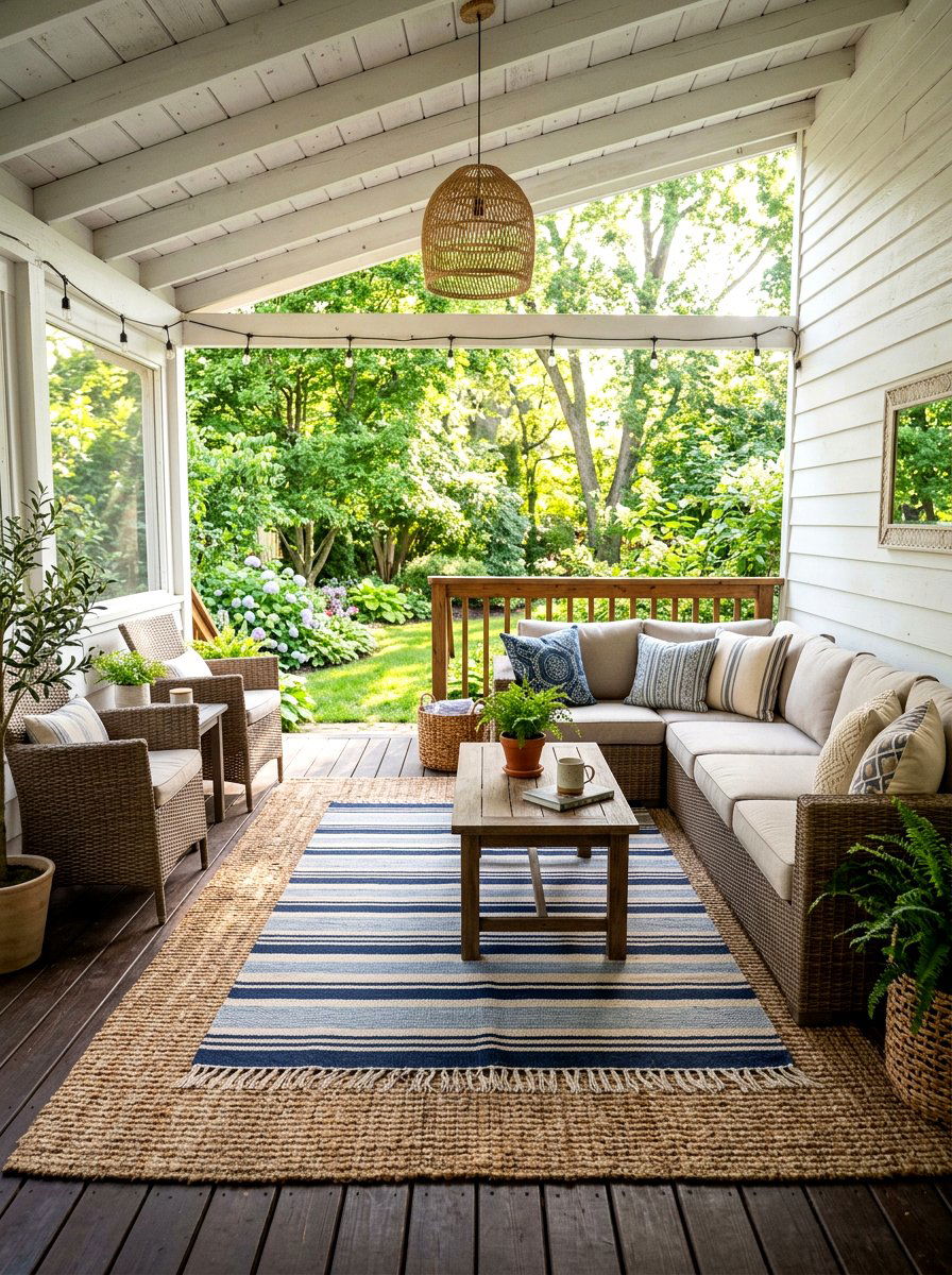 Outdoor rug layering - 25 Spring Back Porch Decor Ideas