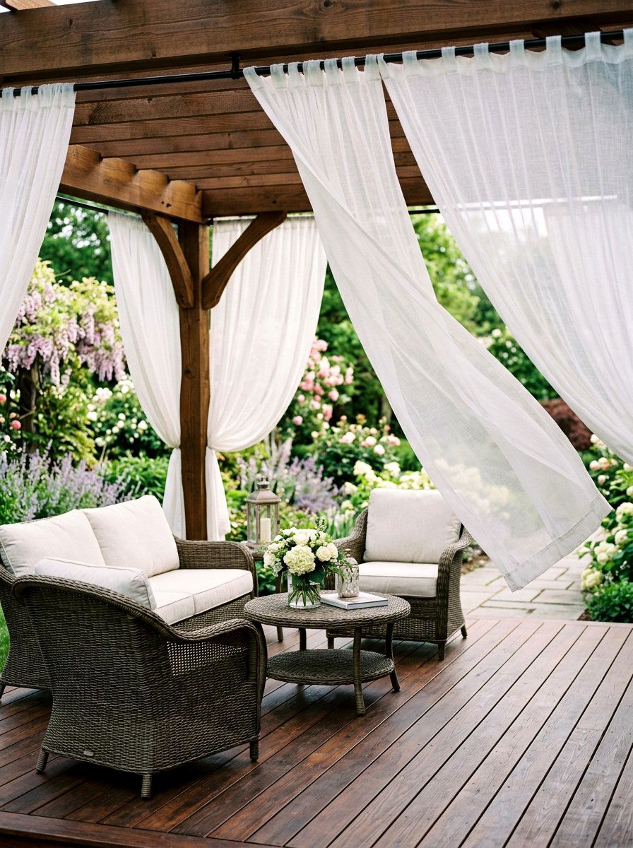 Outdoor sheer curtains - 25 Spring Pergola Hanging Decor Ideas