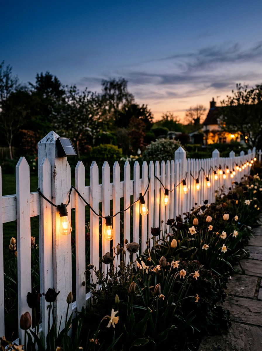Outdoor solar string lights - 25 Spring Picket Fence Decor Ideas