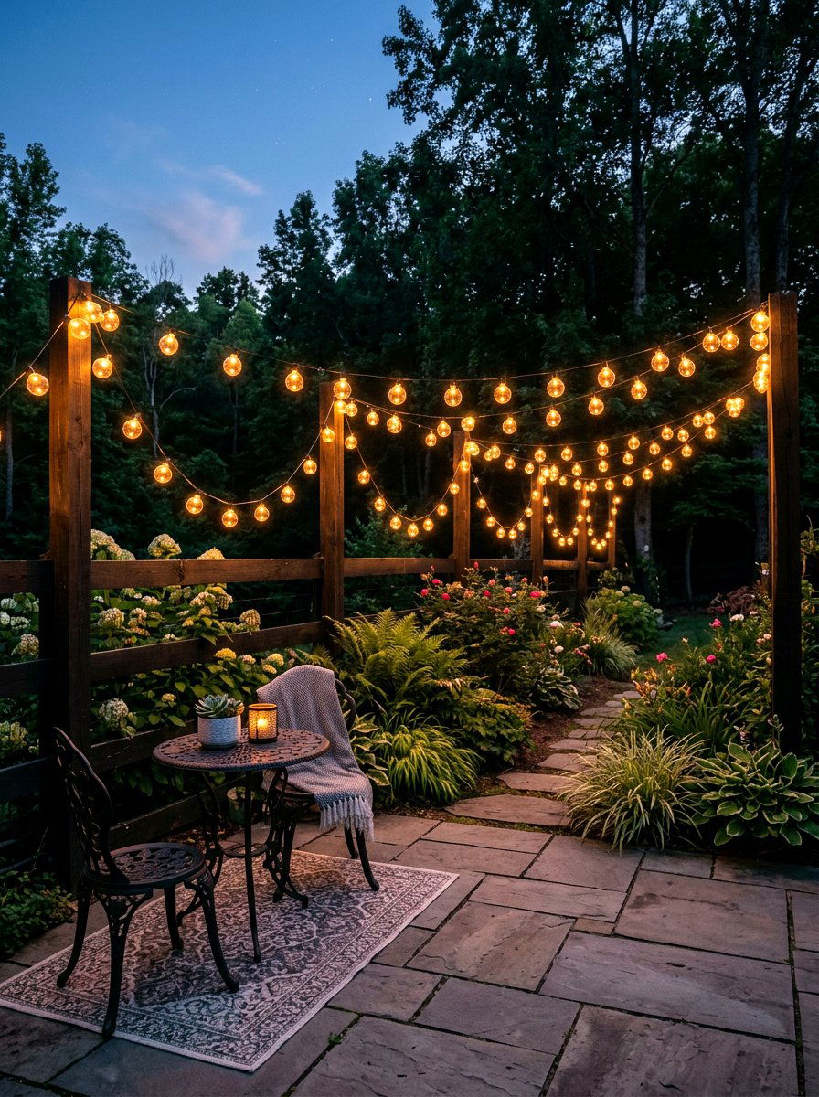 Outdoor string lights - 25 Spring Fence Line Decor Ideas