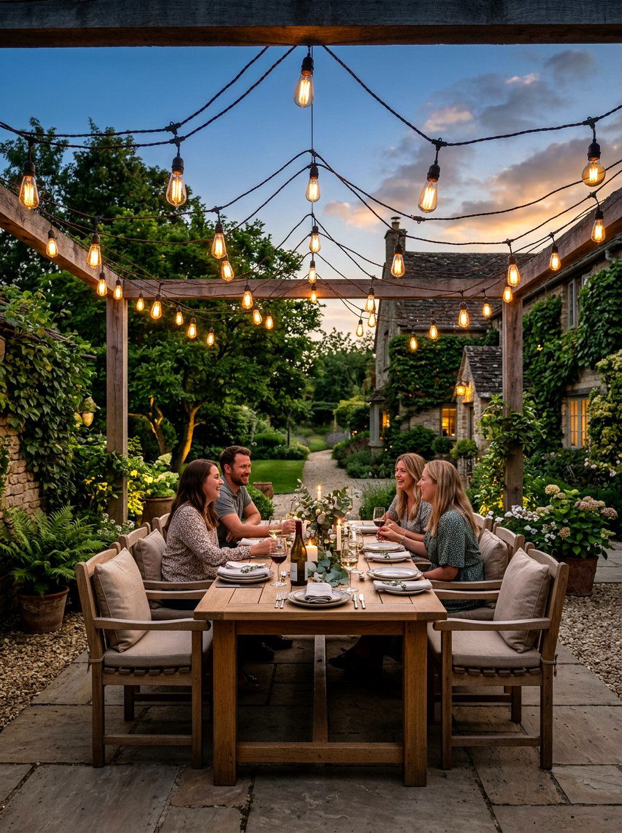 Overhead String Lighting Patio - 25 Spring Outdoor Dining Table Decor Ideas