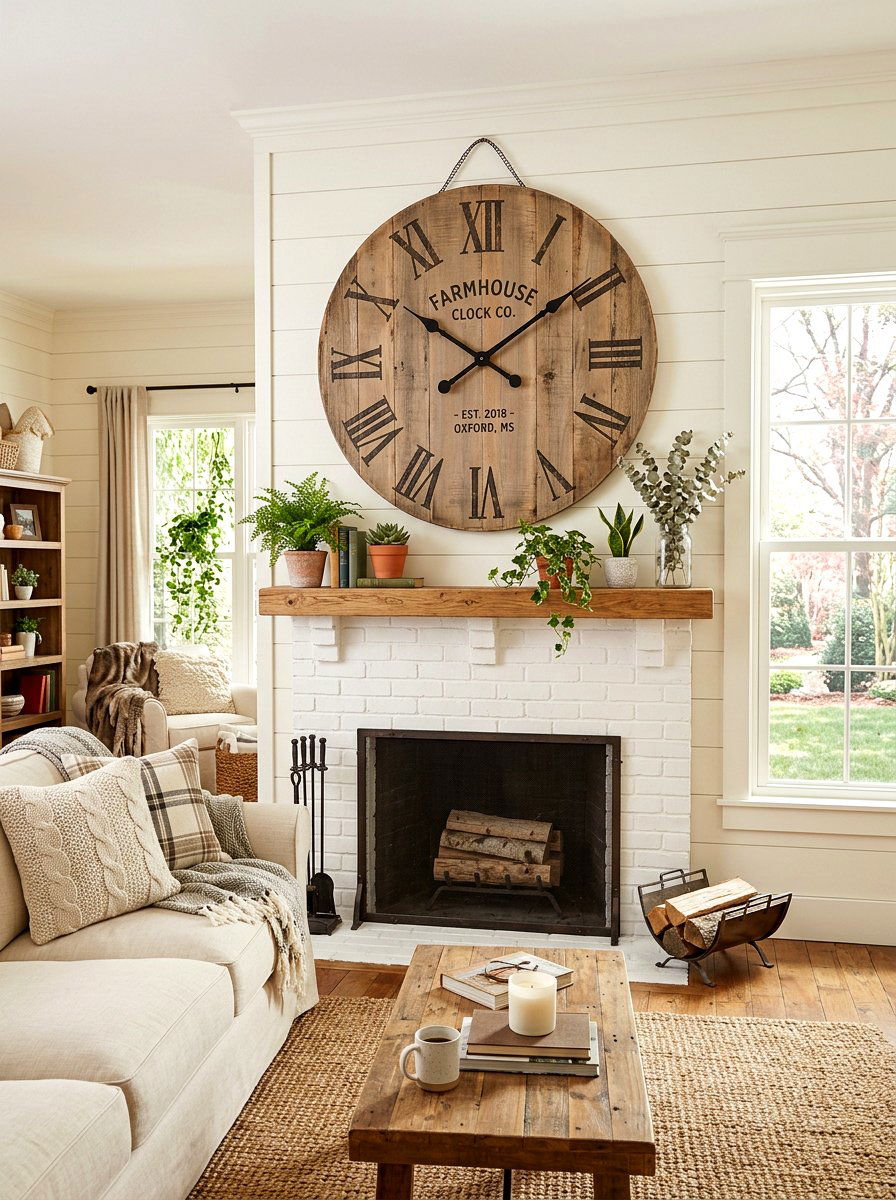 Oversized Farmhouse Wall Clock - 25 Spring Fireplace Decor Ideas