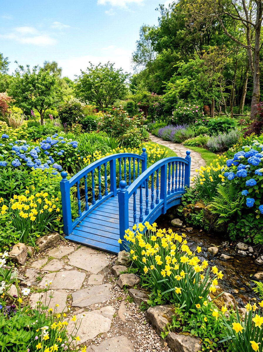 Painted Blue Garden Bridge - 25 Spring Garden Bridge Decor Ideas