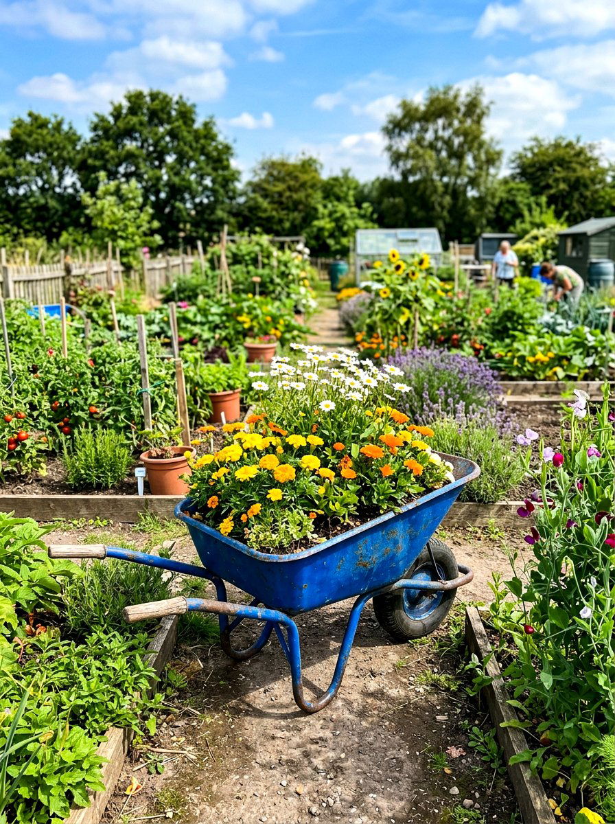 Painted Blue Wheelbarrow Planter - 25 Spring Wheelbarrow Decor Ideas
