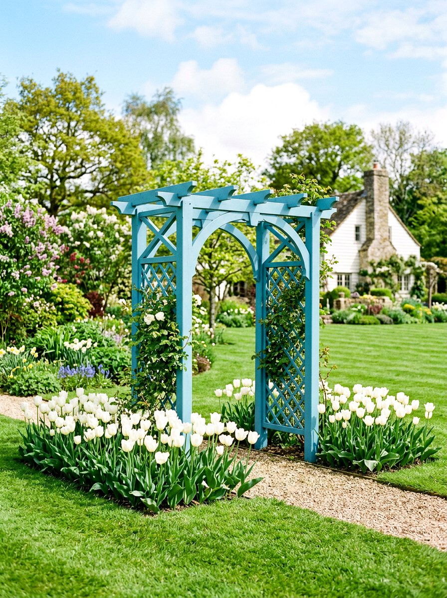 Painted Blue Wooden Arbor - 25 Spring Garden Arbor Decor Ideas