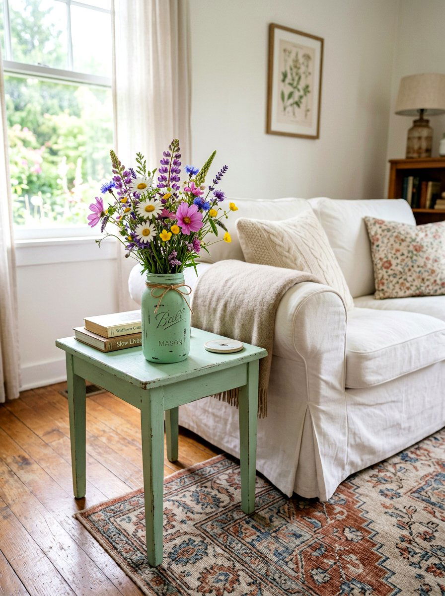 Painted Mason Jar With Wildflowers - 25 Spring End Table Decor Ideas