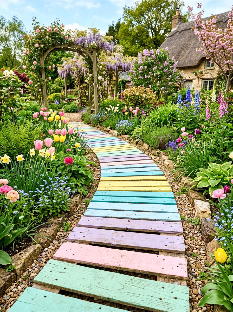 Painted Pallet Wood Path - 25 Spring Garden Pathway Decor Ideas