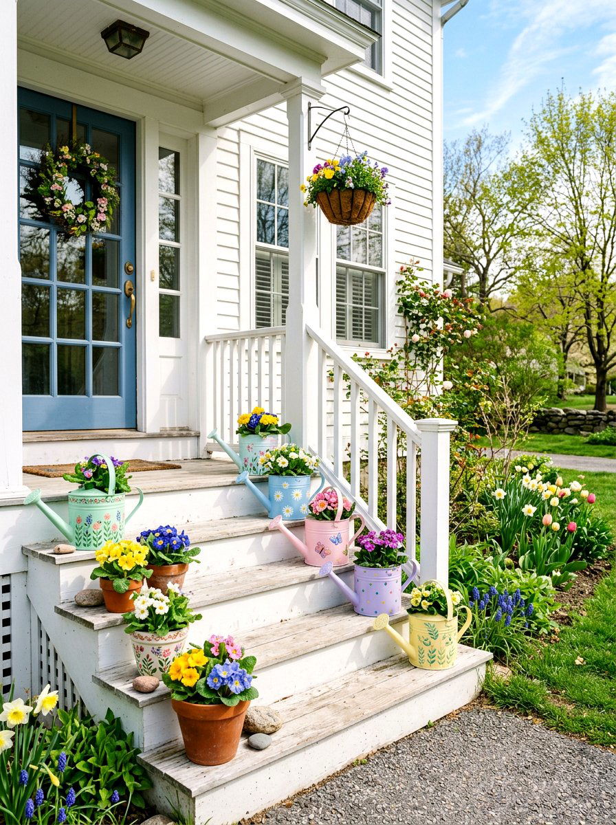 Painted Pastel Watering Can Porch Steps - 25 Spring Watering Can Decor Ideas