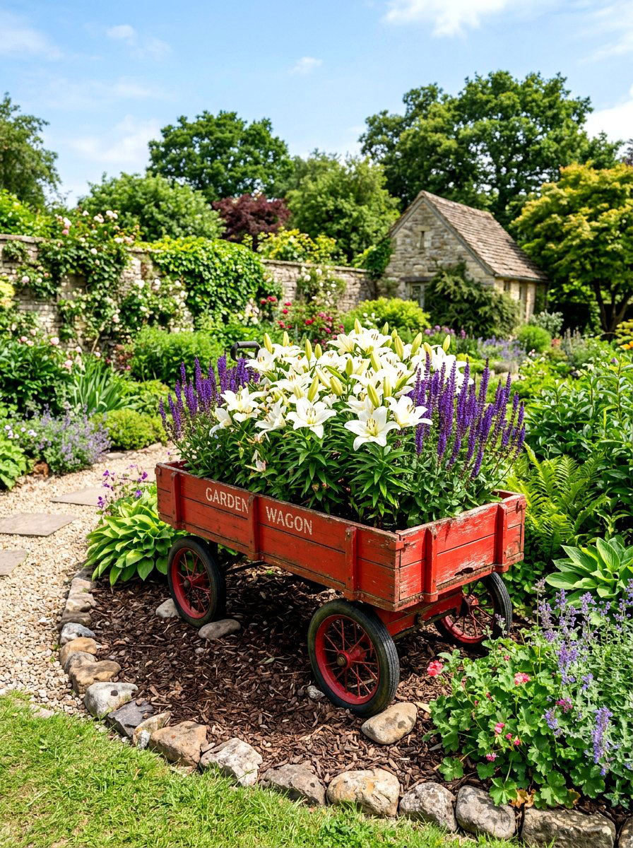 Painted Red Wagon Garden - 25 Spring Wagon Decor Ideas