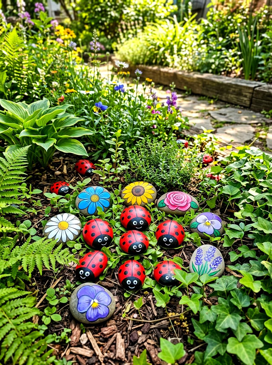 Painted Stone Accents - 25 Spring Stone Garden Decor Ideas