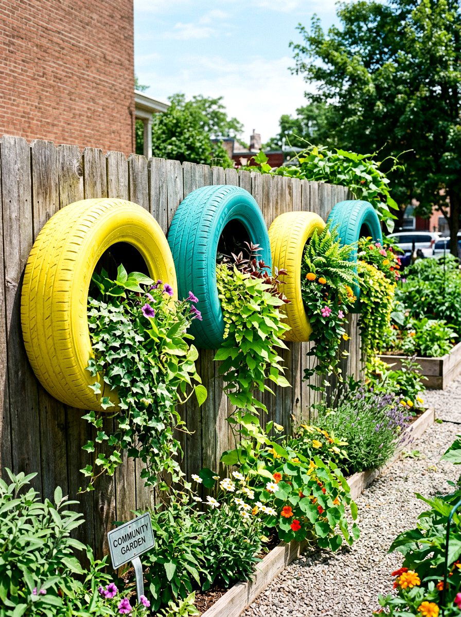 Painted Tire Planter - 25 Spring Fence Decor Ideas