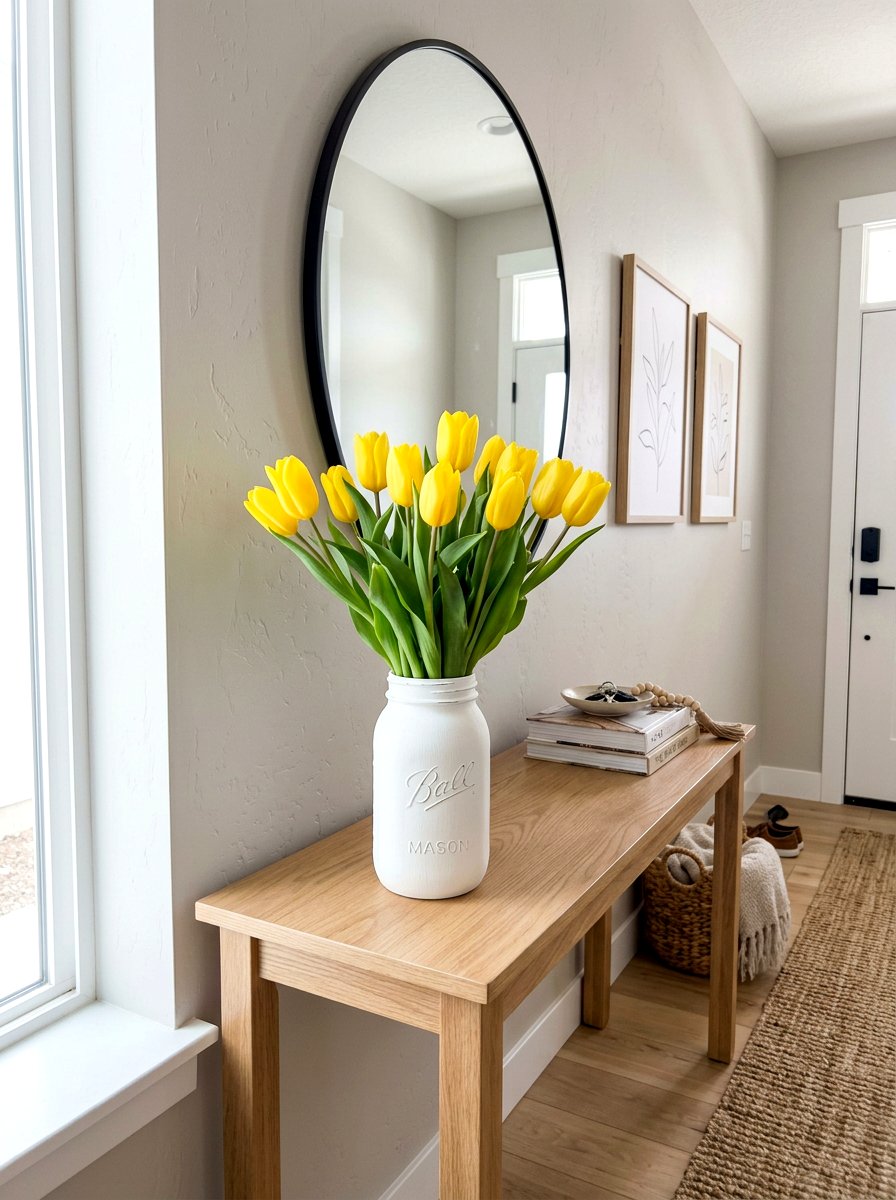 Painted White Jar With Yellow Tulips - 25 Spring Mason Jar Flower Ideas