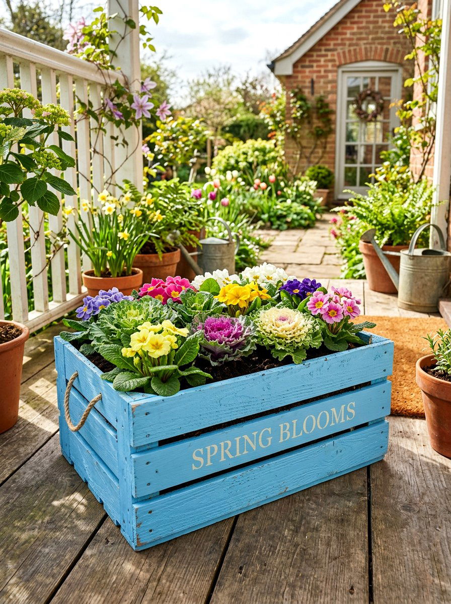 Painted Wood Crate - 25 Spring Primrose Planter Ideas